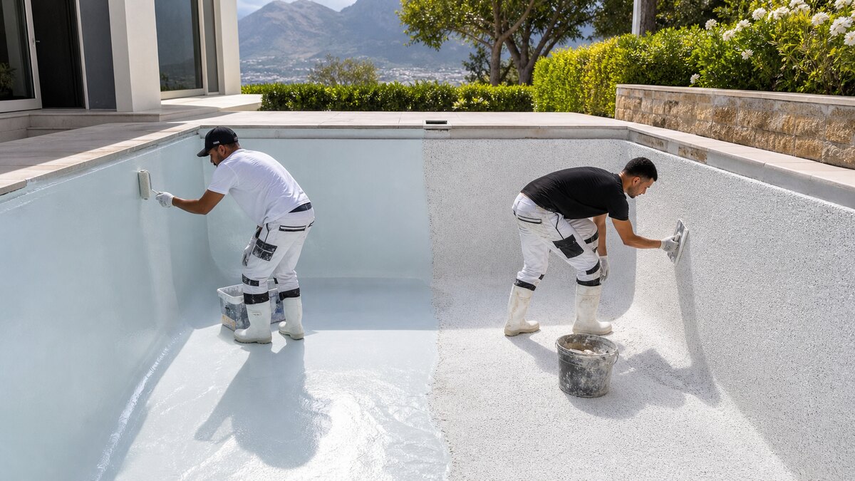 Cape Town pool workers comparing fibreglass lining and marbelite resurfacing inside a residential swimming pool