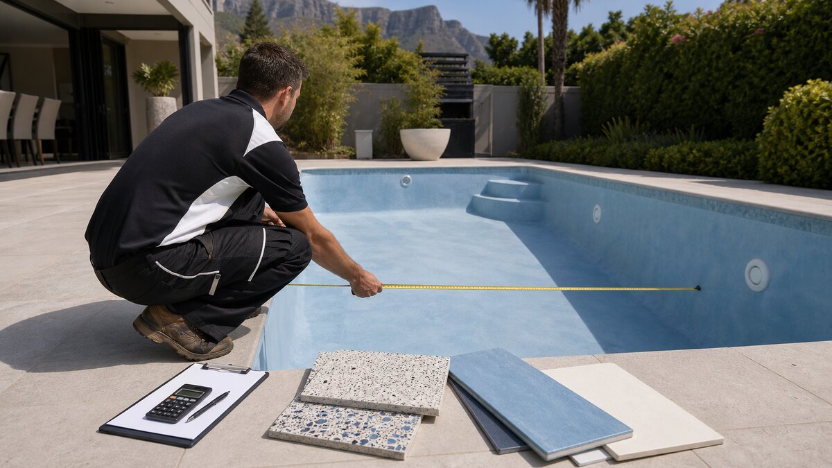 Pool contractor measuring a residential swimming pool and reviewing resurfacing material samples