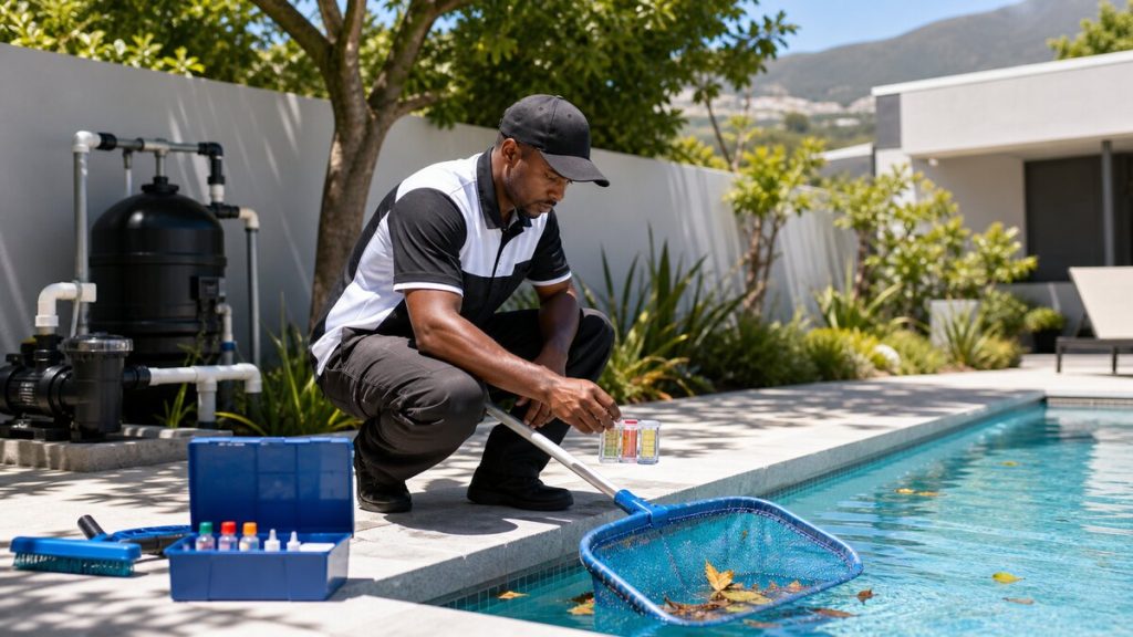 Pool maintenance technician netting leaves and checking water chemistry beside a Cape Town swimming pool