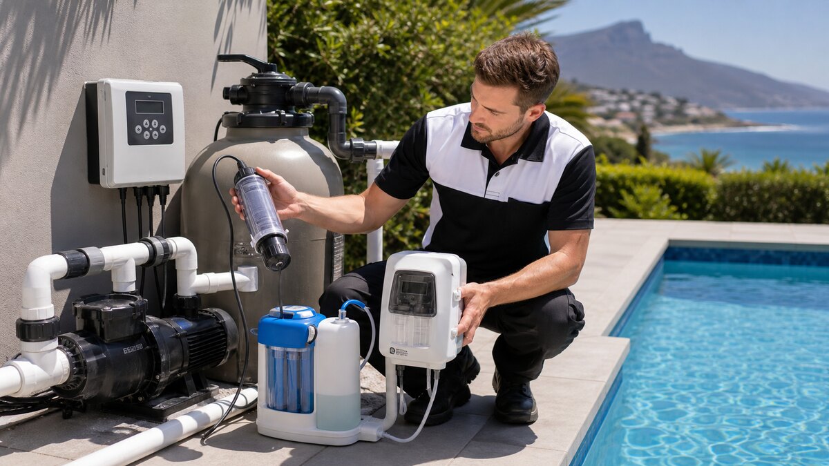 Pool specialist comparing salt chlorinator equipment and traditional chlorine pool equipment beside a swimming pool