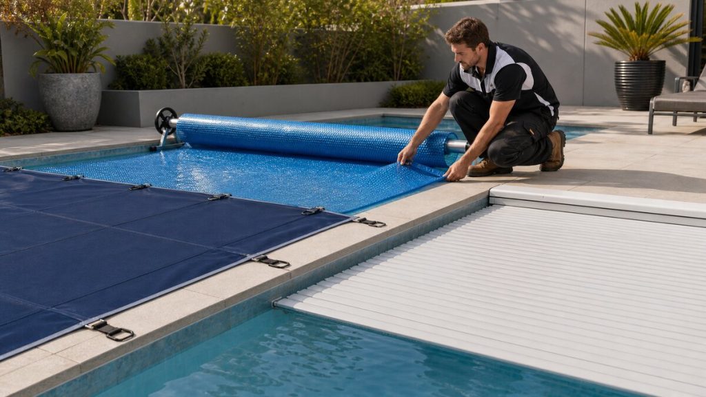 Pool technician checking a swimming pool cover with thermal blanket, safety cover and slatted cover options visible