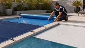 Pool technician checking a swimming pool cover with thermal blanket, safety cover and slatted cover options visible