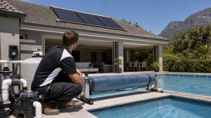 Pool heating technician assessing solar pool heating panels and pool equipment at a Cape Town home