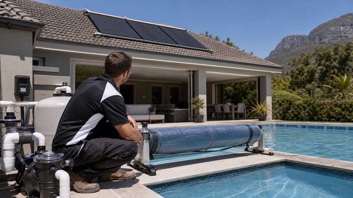 Pool heating technician assessing solar pool heating panels and pool equipment at a Cape Town home