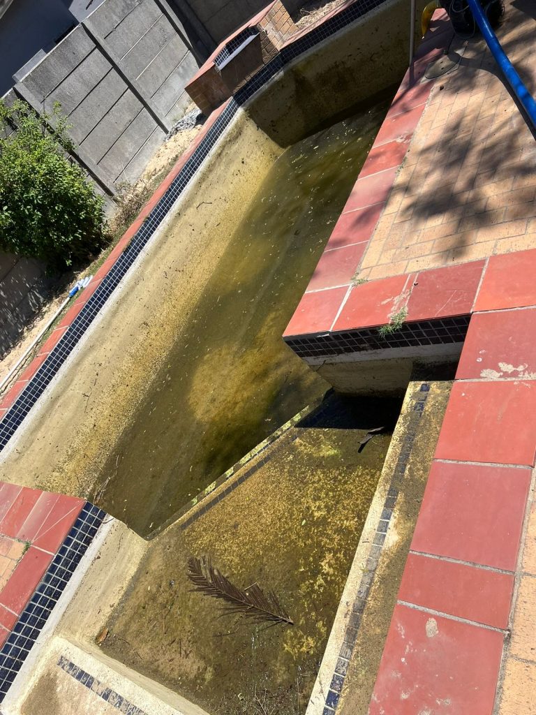 Drained pool showing the damaged surface before repairs