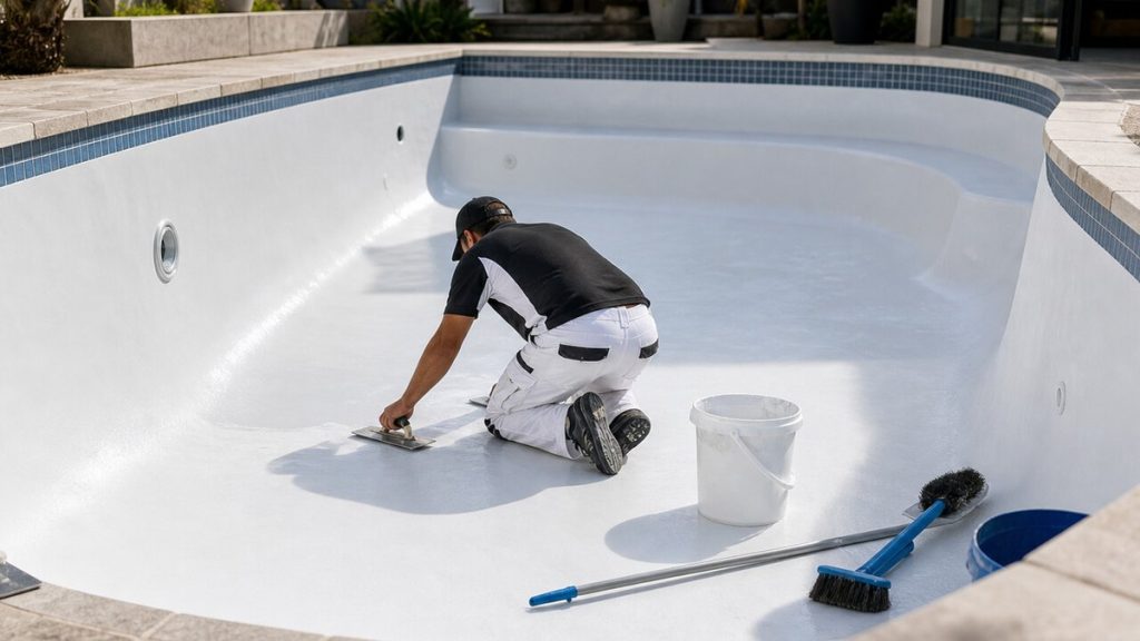 Worker repairing and resurfacing a swimming pool in Cape Town